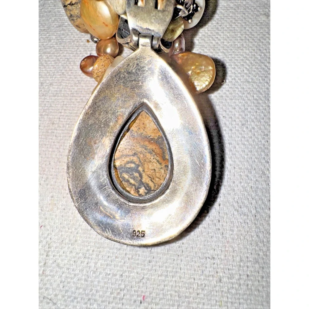 Vintage Sterling Silver Mother of Pearl Jasper‎ Necklace Womens OS Tan Bohemian